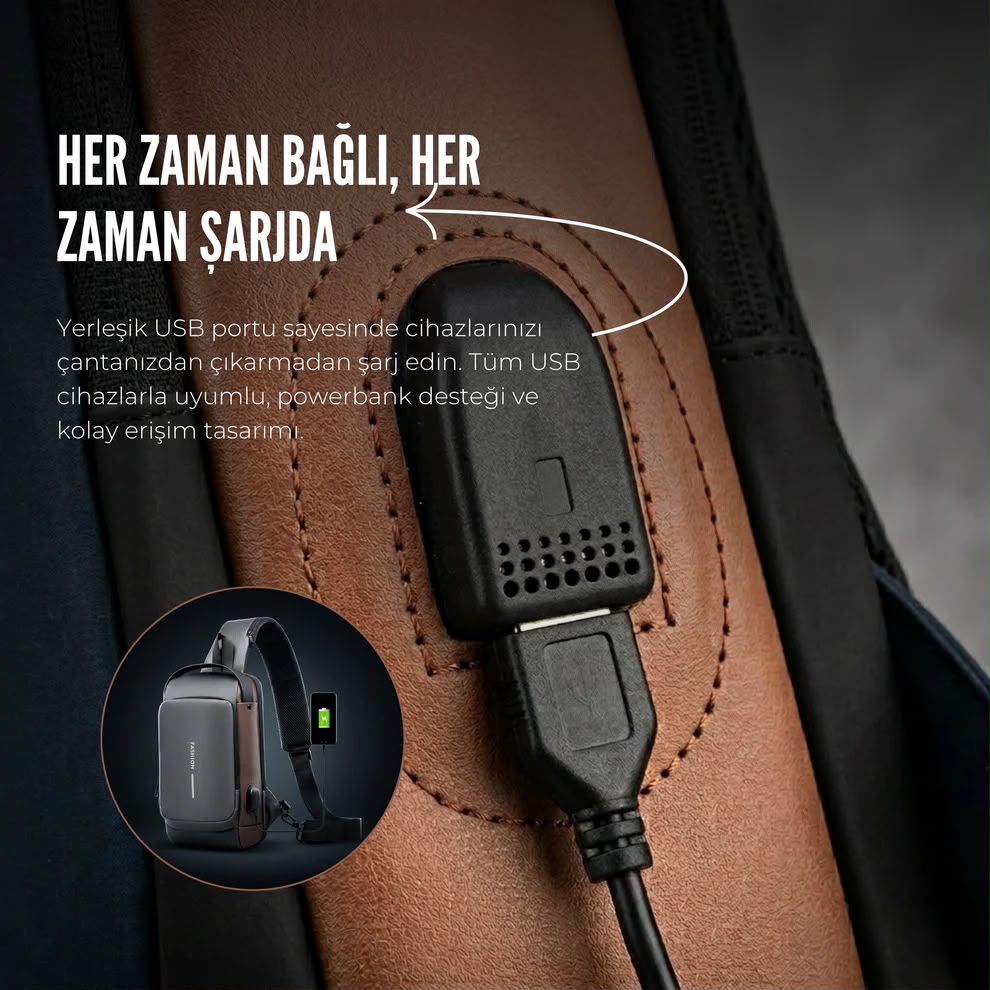 USB Şarj Kablolu Hırsızlığa Karşı Korumalı Omuz Çantası